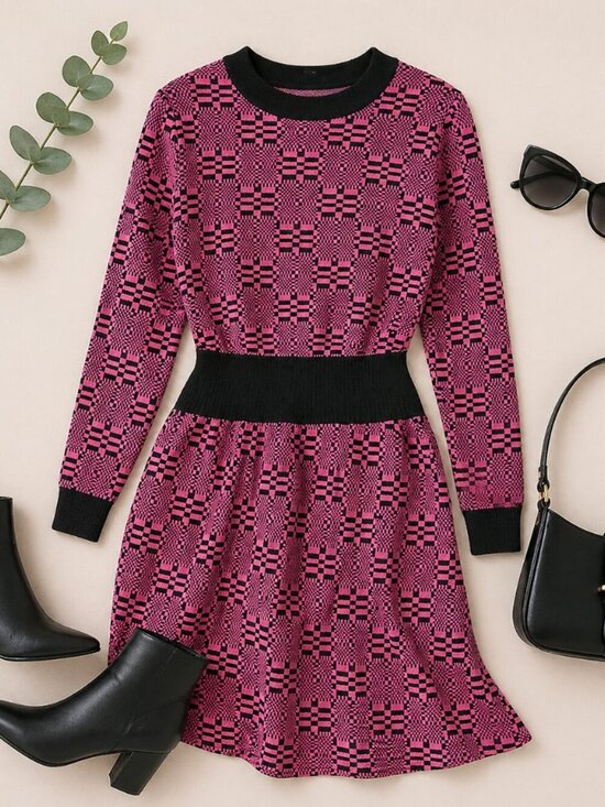 Dresses & Skirts - Vintage Pink Black Geometric Knit Long Sleeve Fit & Flare Sweater Dress